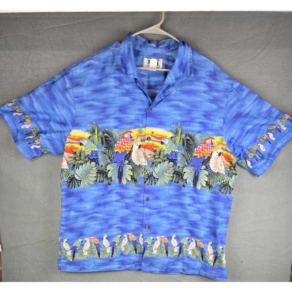 Vintage KY'S Hawaiian Aloha Shirt Men's 2XL Tropical Parrot Floral Print Cotton